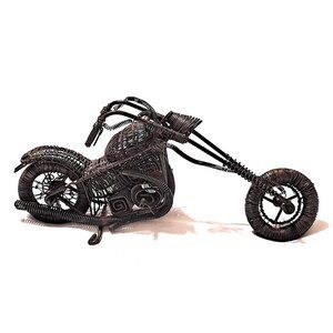 VINTAGE ~ WIRE ART SCULPTURE ~ HARLEY CHOPPER MOTORCYCLE ~ MOVING WHEELS
